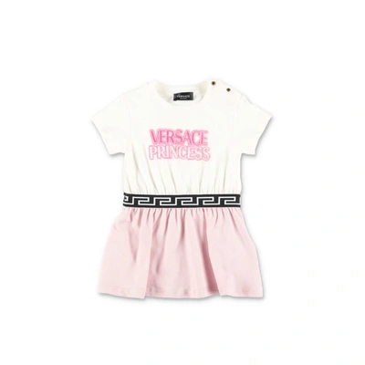 Versace Abito Bianco E Rosa In Jersey Di Cotone Con Coulotte Baby Girl