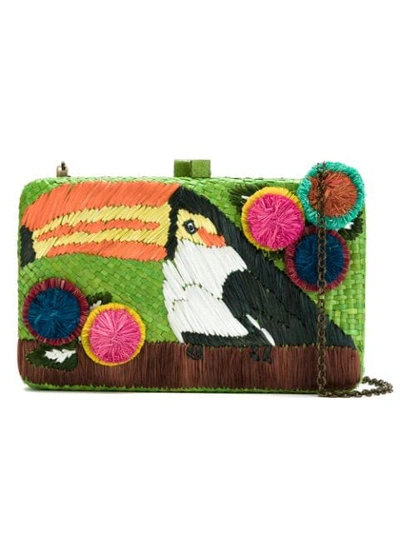 Serpui Embroidered Straw Clutch In Green
