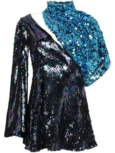 Halpern Sequin Dress With Asymmetric Sleeve In Blue