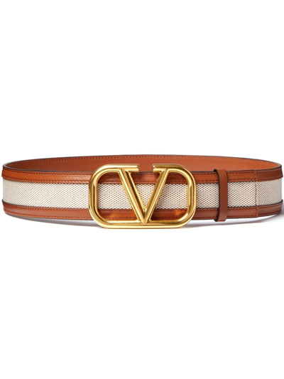 Valentino Garavani Vlogo Signature Canvas Belt In Beige/saddle Brown