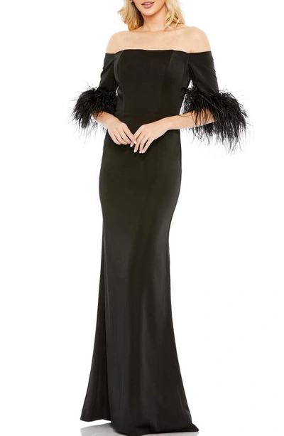 Mac Duggal Feather Trim Off The Shoulder Satin Trumpet Gown In Black