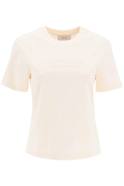 Agnona T-shirt With Embroidered Logo In Beige