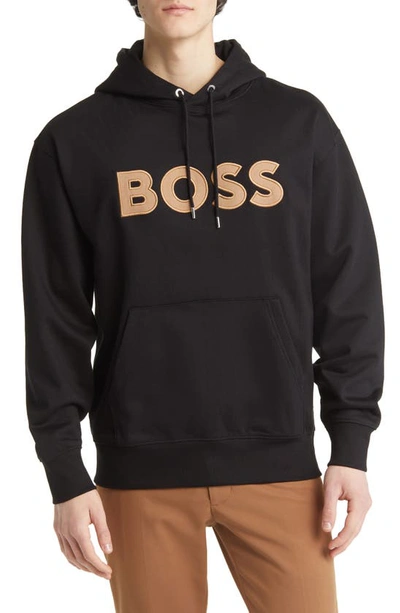 Hugo Boss Organic-cotton Oversize-fit Hoodie With Logo Appliqu In Black