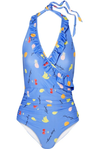 Ganni Dexies Ruffled Printed Halterneck Swimsuit In Light Blue