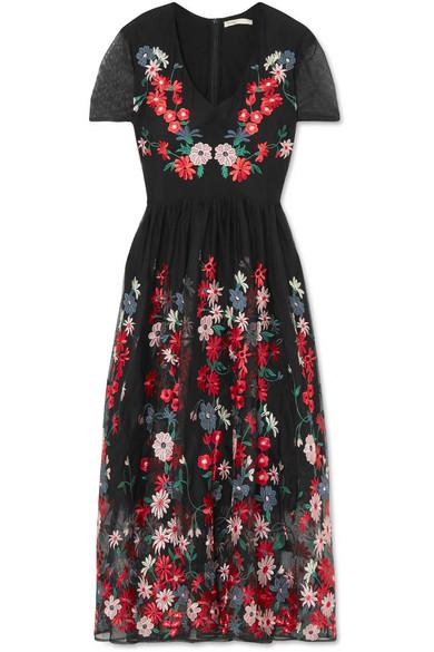 Maje Raphael Floral-embroidered Tulle Midi Dress In Black | ModeSens