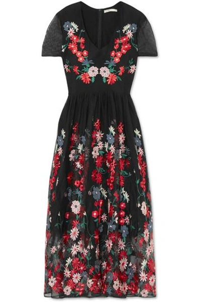 Maje Raphael Floral-embroidered Tulle Midi Dress In Black