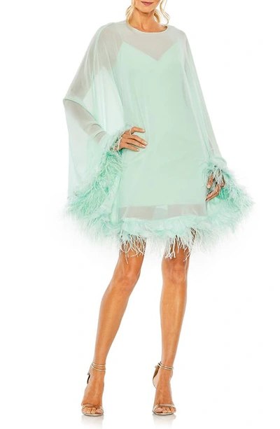 Mac Duggal Long Sleeve Feather Trim Trapeze Minidress In Mint