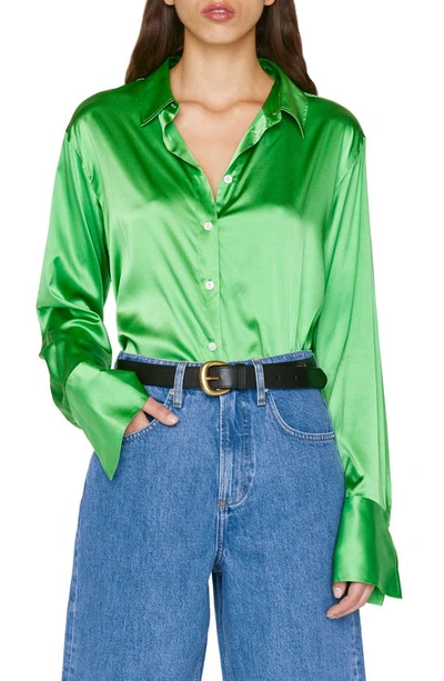 Frame Stretch Silk Button-up Shirt In Bright Peridot