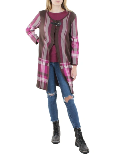 Kasper Womens Plaid Flyaway Cardigan Sweater In Multi