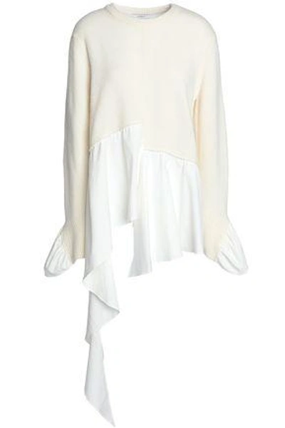 Goen J Woman Asymmetric Poplin-paneled Wool And Cashmere-blend Sweater Ivory
