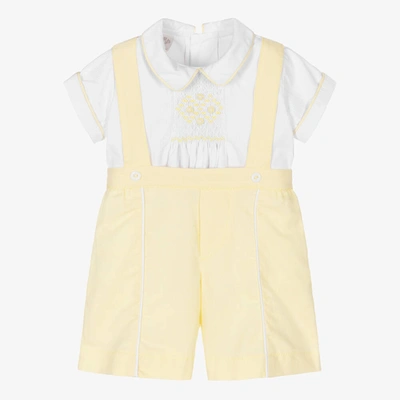 Pretty Originals Babies' Boys White & Yellow Smocked Shorts Set