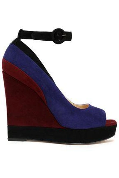 Paul Andrew Woman Color-block Suede Wedge Sandals Royal Blue