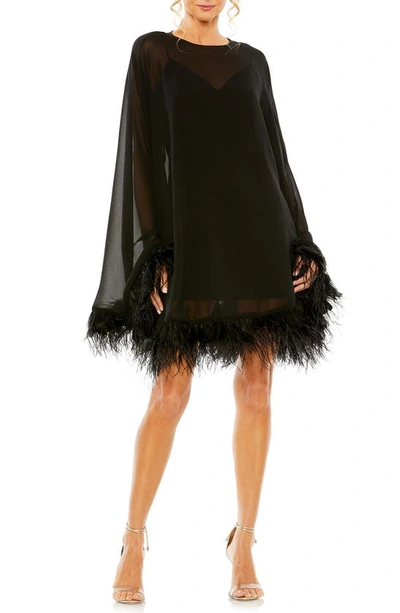 Mac Duggal Long Sleeve Feather Trim Trapeze Minidress In Black