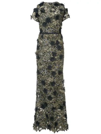 Marchesa Notte Black Short Sleeve Floral Guipure Lace Gown