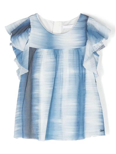 Chloé Kids' Striped Ruffled-sleeve Blouse In Blue