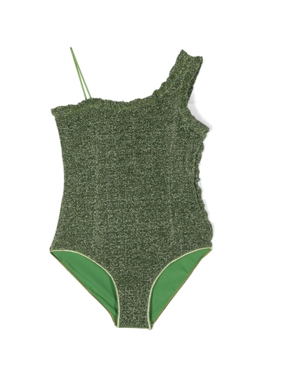 Oseree Kids' Metallic-effect One-shoulder Swimsuit In Green