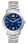 Fossil Men's Heritage Automatic Silver-tone Stainless Steel Bracelet Watch, 43mm In Blue/silver