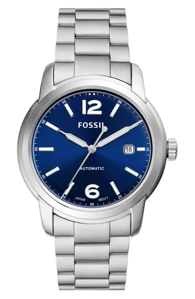 Fossil Men's Heritage Automatic Silver-tone Stainless Steel Bracelet Watch, 43mm In Blue/silver