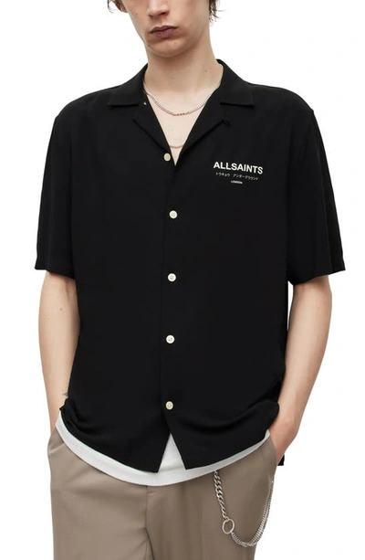 Allsaints Underground Logo Print Relaxed Fit Button Down Camp Shirt In Jet Black Ecru