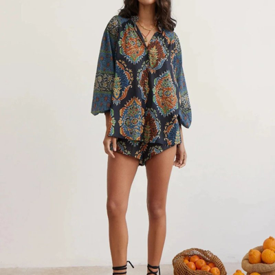 Boteh Rhea Printed Cotton Blouse In Blue