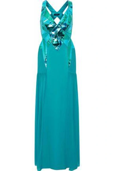 Versace Woman Metallic Leather And Pintucked Chiffon-paneled Cutout Silk-blend Gown Teal