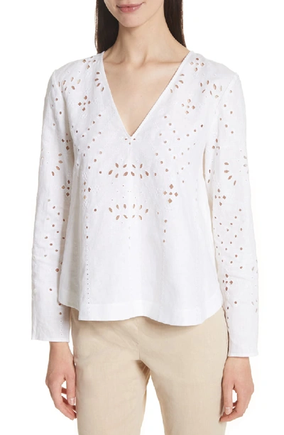 Theory Relaxed V-neck Eyelet Linen Top In White