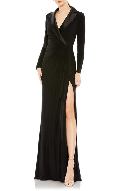 Ieena For Mac Duggal Long Sleeve Faux Tuxedo Gown In Black