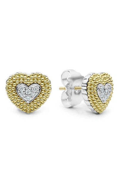 Lagos Caviar Luxe Diamond Heart Stud Earrings In White/yellow