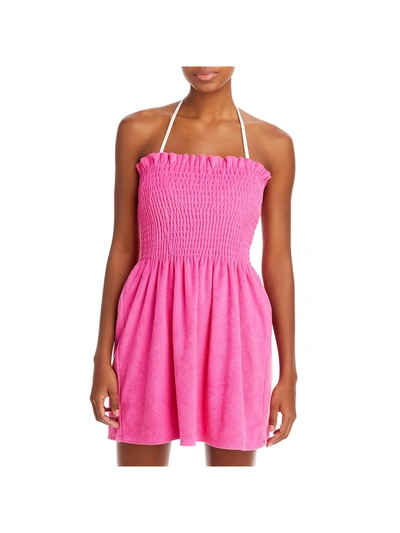 Aqua Swim Womens Smocked Mini Dress Swim Cover-up In Pink