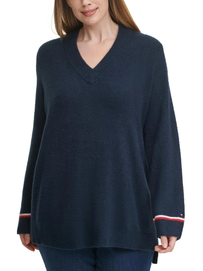 Tommy Hilfiger Plus Womens V-neck Cozy Pullover Sweater In Blue