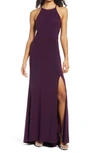 Jump Apparel Halter Neck Gown In Eggplant