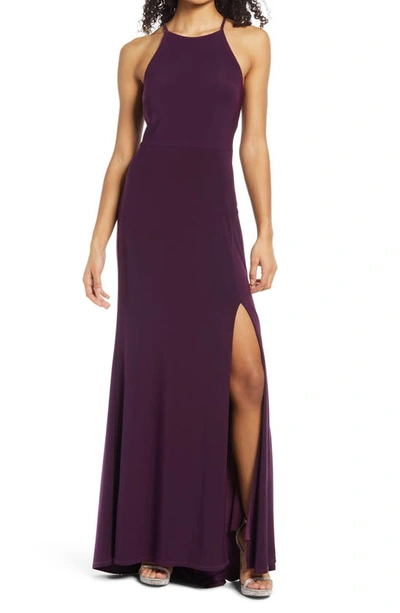 Jump Apparel Halter Neck Gown In Eggplant