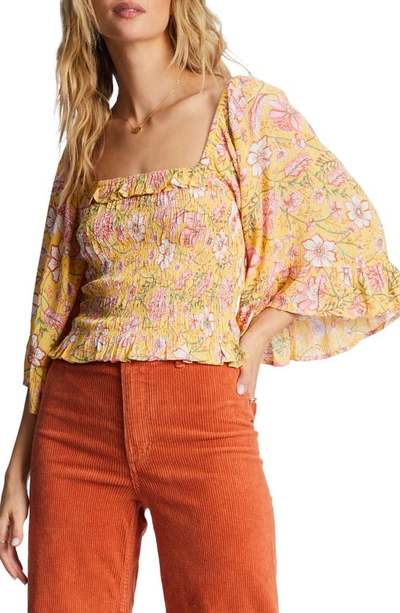 Billabong Be My Babe Floral Smocked Square Neck Top In Multi