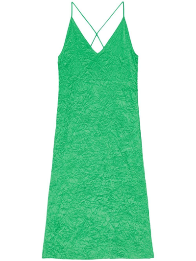 Ganni Crinkled Satin Slip Dress In Green