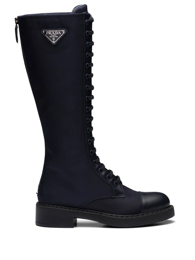 Prada Brushed-leather Lace-up Boots In Blau