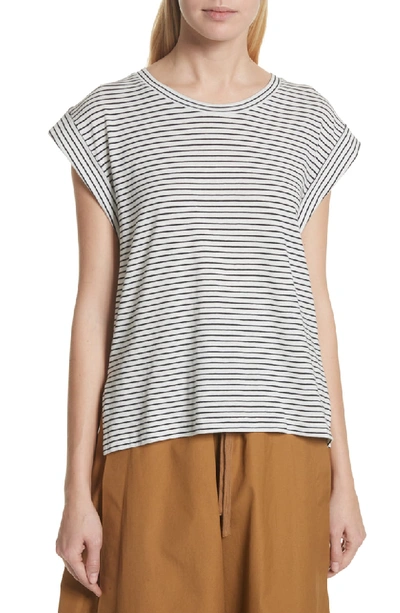 Vince Classic Stripe Cotton Tee W/ Rolled Sleeves In Vanilla/ Coastal