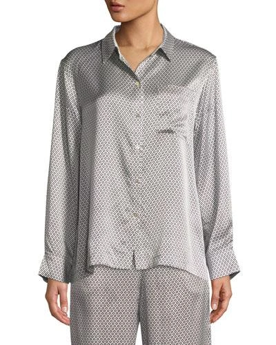 Asceno Monochrome Geometric-print Silk Long-sleeve Pajama Top In Gray Pattern