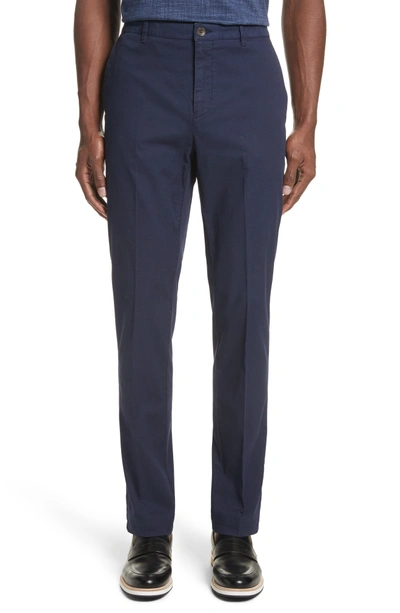 Canali Flat Front Stretch Solid Cotton Trousers In Navy