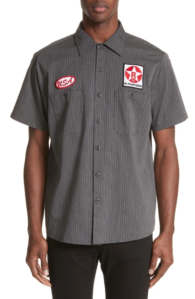 R13 Mechanice Short Sleeve Woven Shirt In Charcoal Pinstripe