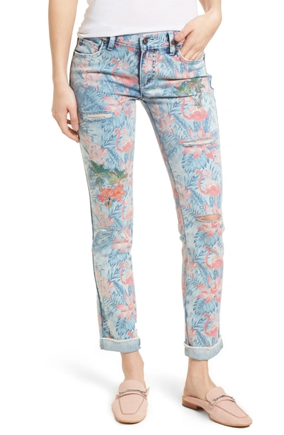 Billy T Embroidered Distressed Flamingo Jeans In Light Blue Paradise