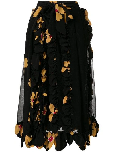 Simone Rocha Turbo Pleat Floral Silk Wrap Skirt In Black