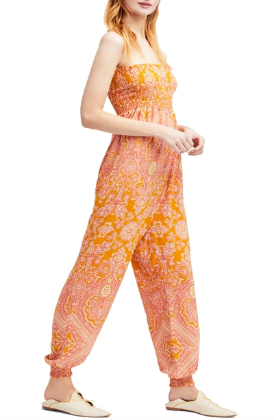 Free People Thinking Of You Smocked Jumpsuit In Yellow Combo