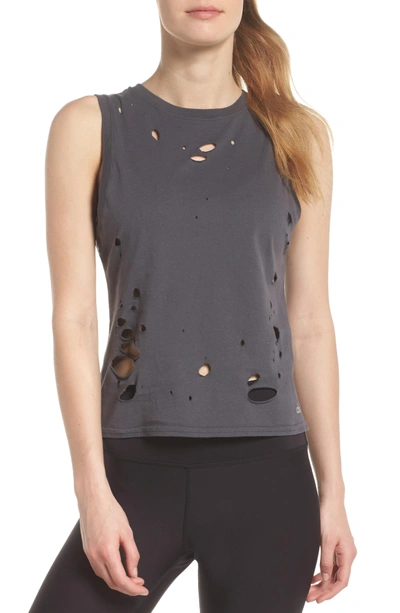 Alo Yoga Harley Distressed Muscle Tank In Anthracite/ Distressed Holes