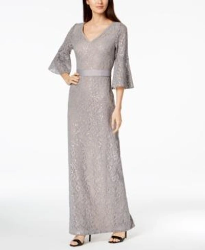 Calvin Klein Sequined Lace Bell-sleeve Gown In Tin