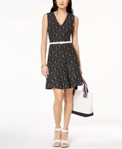 Tommy Hilfiger Belted Lace Dress, Created For Macy's In Black/ivory