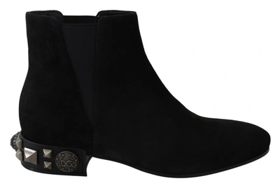 Dolce & Gabbana Black Suede Embellished Studded Boots Shoes