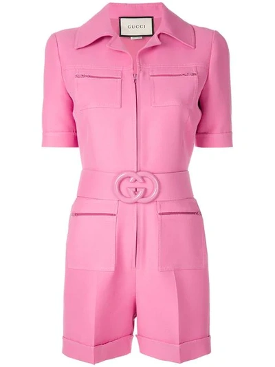 Gucci Wool & Silk Crepe Cady Romper W/ Gg Belt In Pink