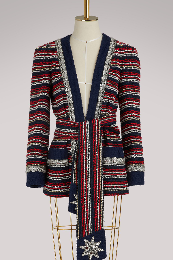 Gucci Embellished Striped Cotton-blend Bouclé-tweed Blazer In Ink/red ...