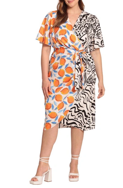 Donna Morgan Mixed Print Midi Wrap Dress In White