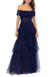 Betsy & Adam Ruffle Off The Shoulder Tiered Ballgown In Navy